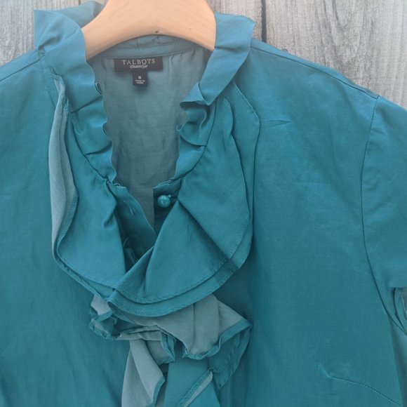 Talbots Teal Ruffle Neck Cotton/Silk Blouse - Sz 8 - Picture 3 of 12